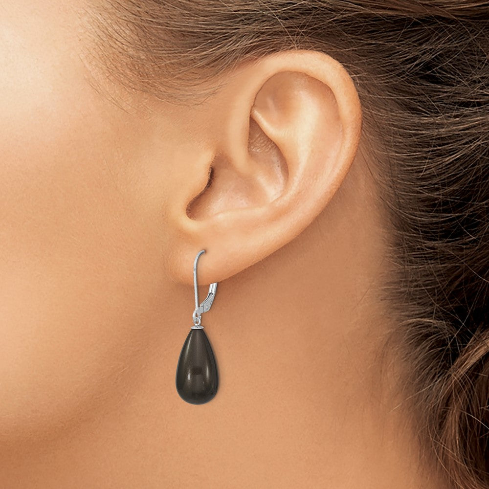 QMJET10B Majestik Sterling Silver Rhodium-plated 10x18mm Teardrop Black Imitation Shell Pearl Leverback Dangle Earrings