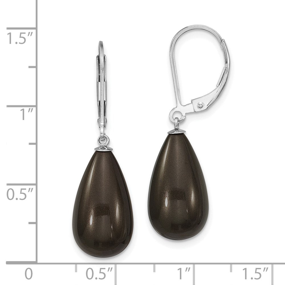 QMJET10B Majestik Sterling Silver Rhodium-plated 10x18mm Teardrop Black Imitation Shell Pearl Leverback Dangle Earrings