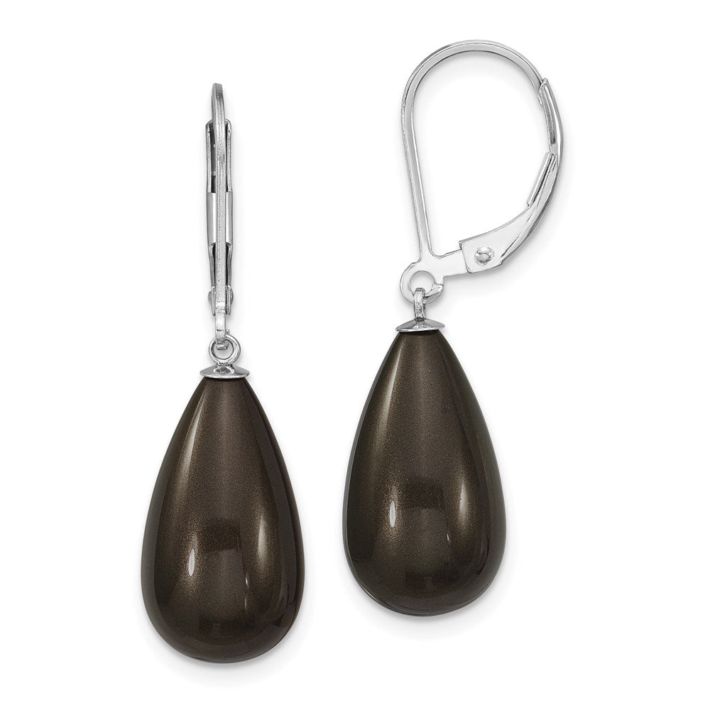 QMJET10B Majestik Sterling Silver Rhodium-plated 10x18mm Teardrop Black Imitation Shell Pearl Leverback Dangle Earrings