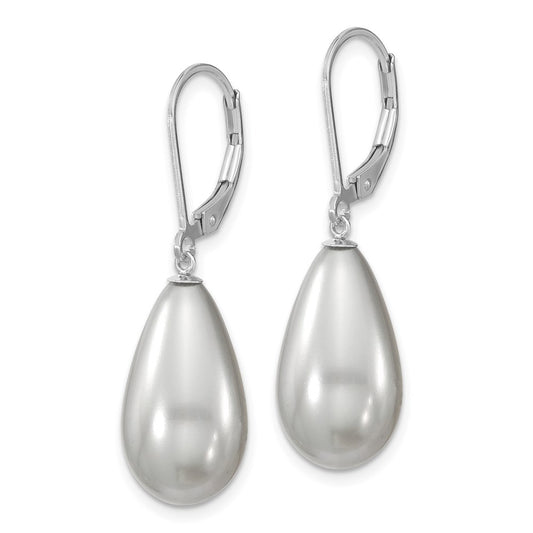 QMJET10G Majestik Sterling Silver Rhodium-plated 10x18mm Teardrop Grey Imitation Shell Pearl Leverback Dangle Earrings