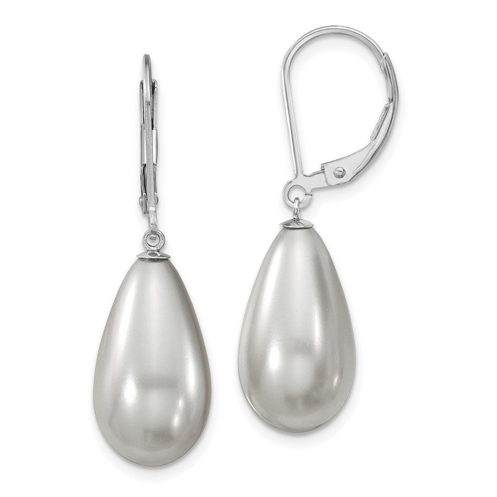 QMJET10G Majestik Sterling Silver Rhodium-plated 10x18mm Teardrop Grey Imitation Shell Pearl Leverback Dangle Earrings