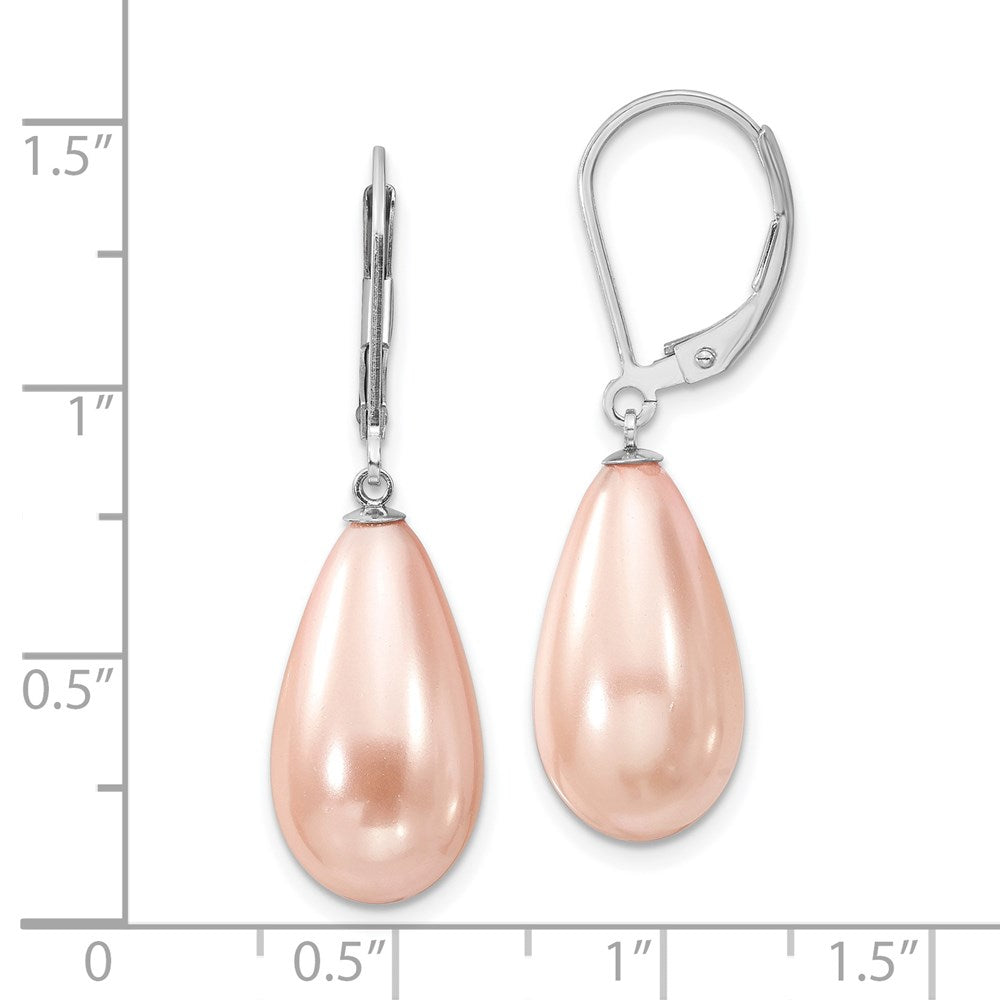 QMJET10P Majestik Sterling Silver Rhodium-plated 10x18mm Teardrop Pink Imitation Shell Pearl Leverback Dangle Earrings