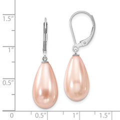 QMJET10P Majestik Sterling Silver Rhodium-plated 10x18mm Teardrop Pink Imitation Shell Pearl Leverback Dangle Earrings