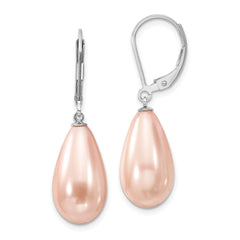 QMJET10P Majestik Sterling Silver Rhodium-plated 10x18mm Teardrop Pink Imitation Shell Pearl Leverback Dangle Earrings