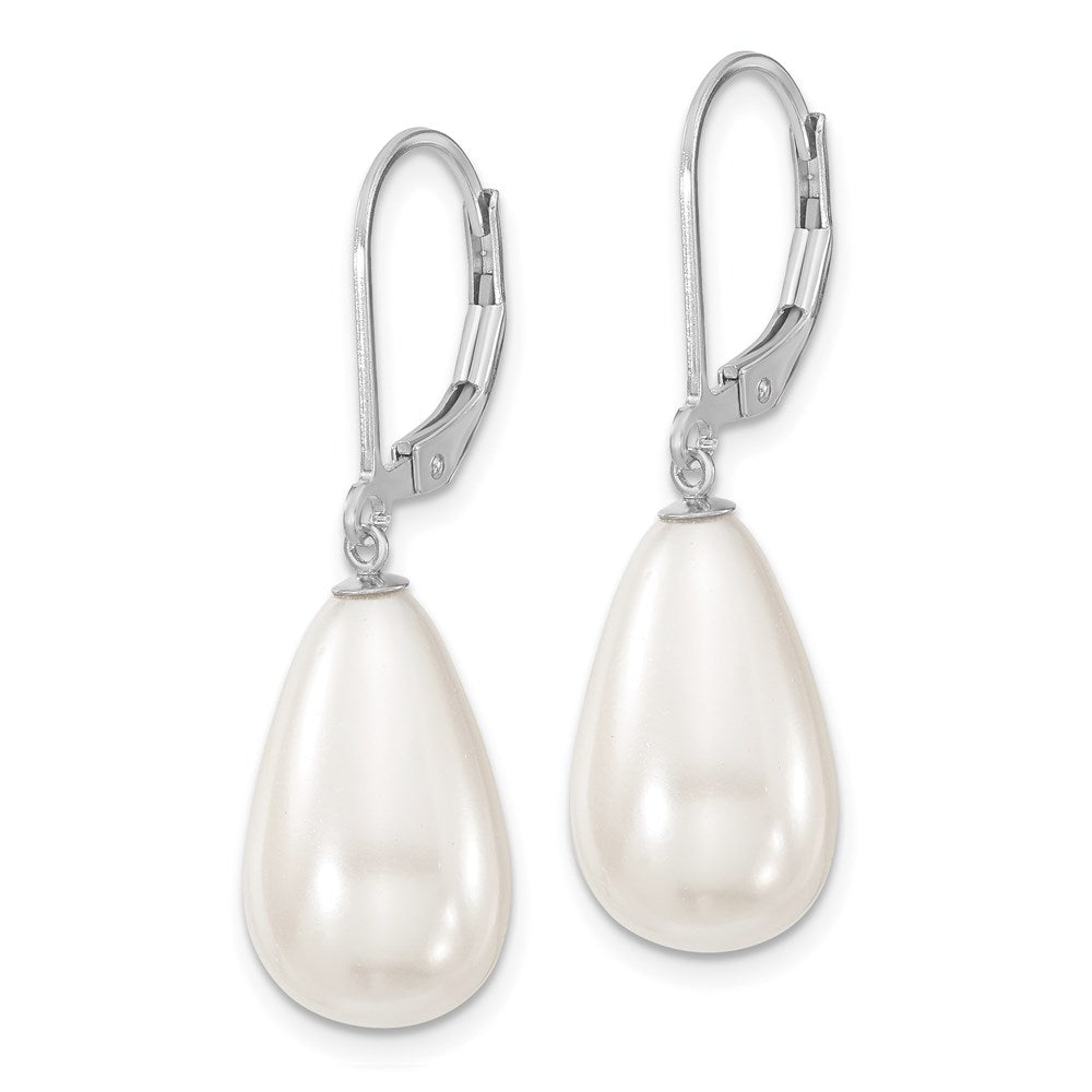QMJET10W Majestik Sterling Silver Rhodium-plated 10x18mm Teardrop White Imitation Shell Pearl Leverback Dangle Earrings