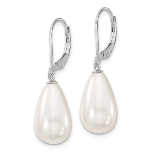 QMJET10W Majestik Sterling Silver Rhodium-plated 10x18mm Teardrop White Imitation Shell Pearl Leverback Dangle Earrings