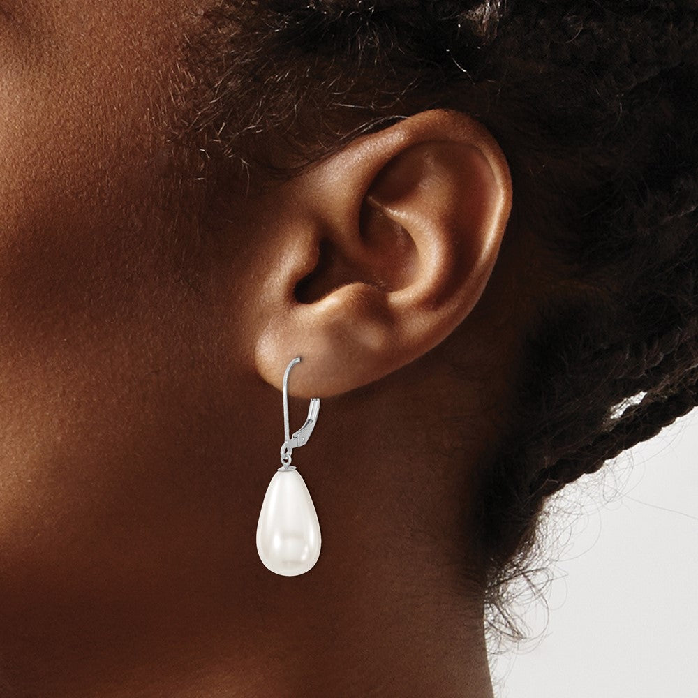 QMJET10W Majestik Sterling Silver Rhodium-plated 10x18mm Teardrop White Imitation Shell Pearl Leverback Dangle Earrings