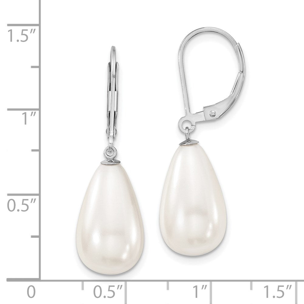 QMJET10W Majestik Sterling Silver Rhodium-plated 10x18mm Teardrop White Imitation Shell Pearl Leverback Dangle Earrings