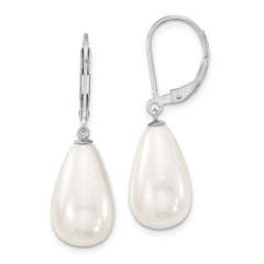 QMJET10W Majestik Sterling Silver Rhodium-plated 10x18mm Teardrop White Imitation Shell Pearl Leverback Dangle Earrings