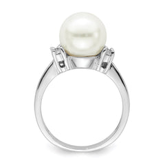 Majestik Sterling Silver Rhodium-plated Size 6 10-11mm White Imitation Shell Pearl and CZ Ring