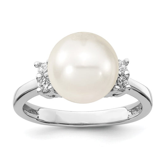 Majestik Sterling Silver Rhodium-plated Size 6 10-11mm White Imitation Shell Pearl and CZ Ring