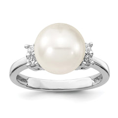 Majestik Sterling Silver Rhodium-plated Size 6 10-11mm White Imitation Shell Pearl and CZ Ring