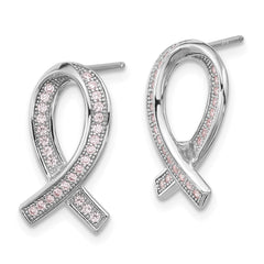 QMP1128 Brilliant Embers Sterling Silver Rhodium-plated 52 Stone Micro Pav������ Pink CZ Awareness Ribbon Post Earrings