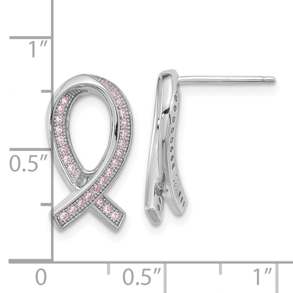 QMP1128 Brilliant Embers Sterling Silver Rhodium-plated 52 Stone Micro Pav������ Pink CZ Awareness Ribbon Post Earrings
