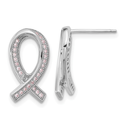 QMP1128 Brilliant Embers Sterling Silver Rhodium-plated 52 Stone Micro Pav������ Pink CZ Awareness Ribbon Post Earrings