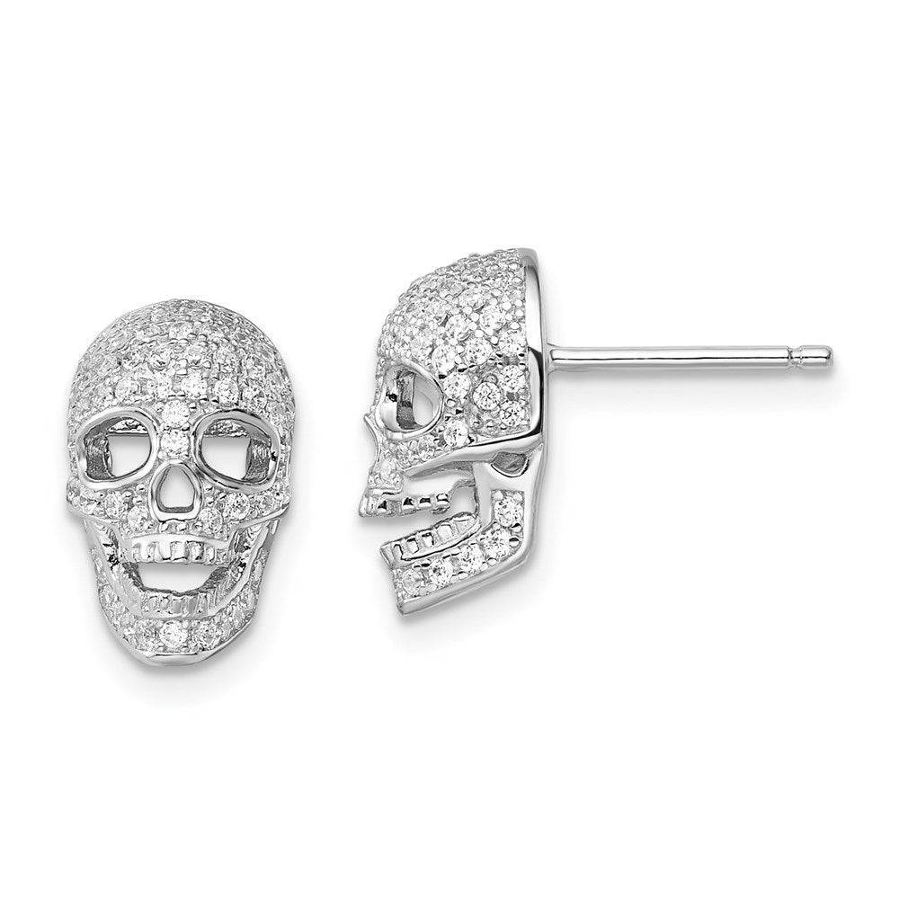 QMP1142 Brilliant Embers Sterling Silver Rhodium-plated 140 Stone Micro Pav������ CZ Polished Skull Post Earrings