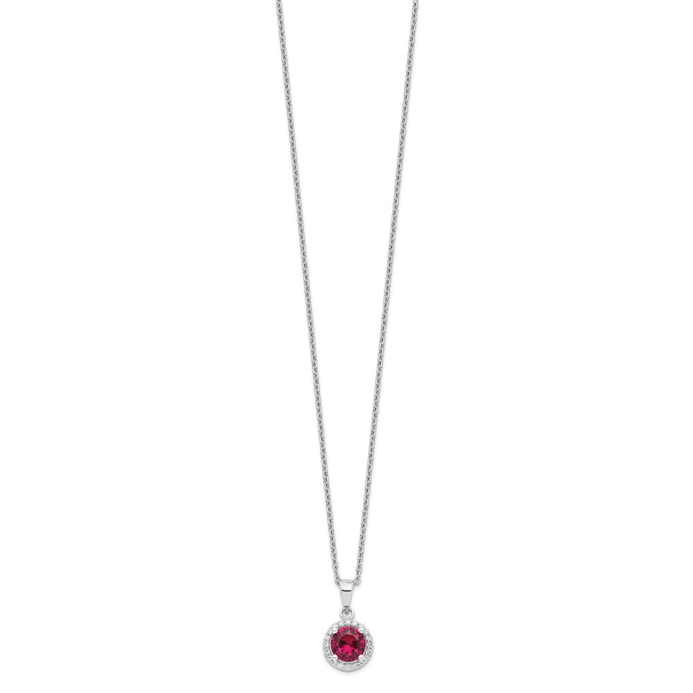 Brilliant Embers Sterling Silver Rhodium-plated 20 Stone 18 inch Red Corundum and Clear CZ Halo Necklace with 2 Inch Extender QMP1341-18