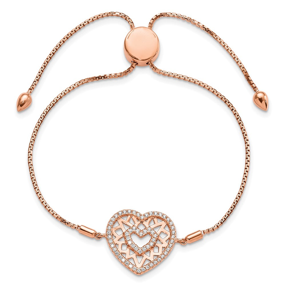 Brilliant Embers Sterling Silver Rose-tone Flash Rose Gold-plated 60 Stone Filigree CZ Heart Adjustable Bracelet QMP1388