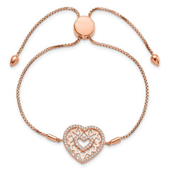 Brilliant Embers Sterling Silver Rose-tone Flash Rose Gold-plated 60 Stone Filigree CZ Heart Adjustable Bracelet QMP1388