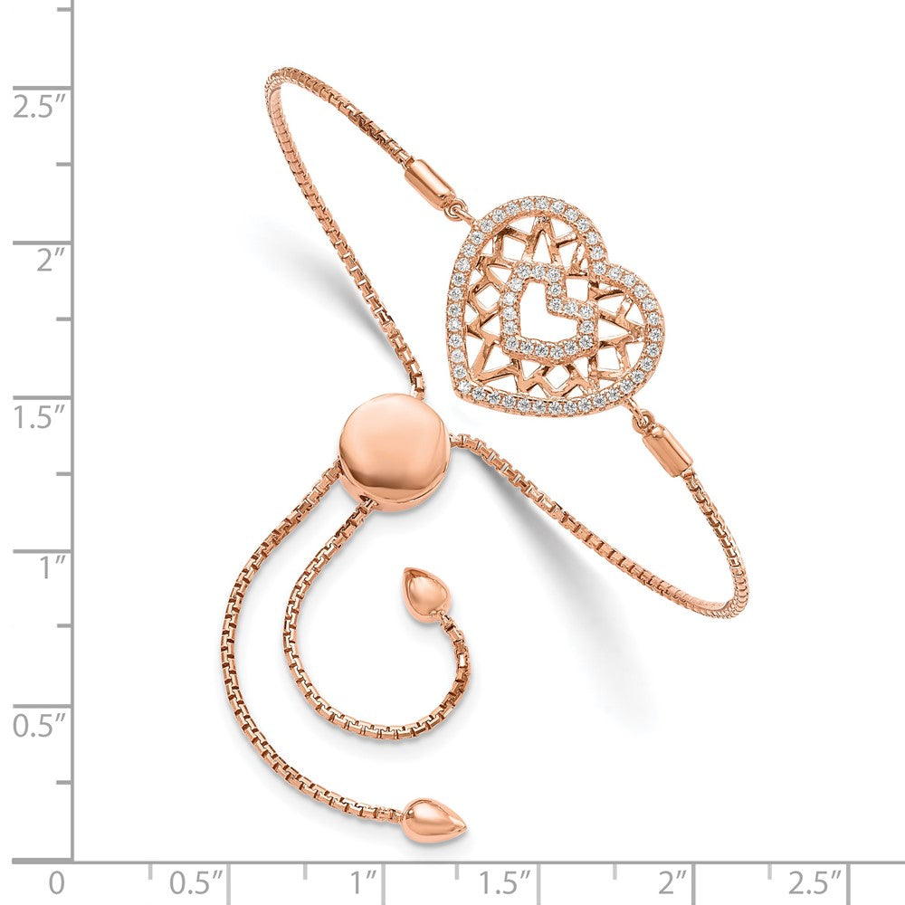 Brilliant Embers Sterling Silver Rose-tone Flash Rose Gold-plated 60 Stone Filigree CZ Heart Adjustable Bracelet QMP1388