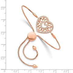 Brilliant Embers Sterling Silver Rose-tone Flash Rose Gold-plated 60 Stone Filigree CZ Heart Adjustable Bracelet QMP1388