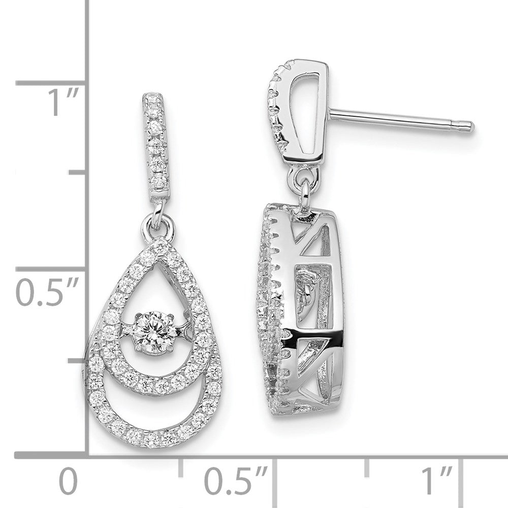 QMP1398 Brilliant Embers Sterling Silver Rhodium-plated 82 Stone CZ Moving Center Pear Shaped Vibrant CZ with Micro Pav������ CZ Dangle Post Earrings