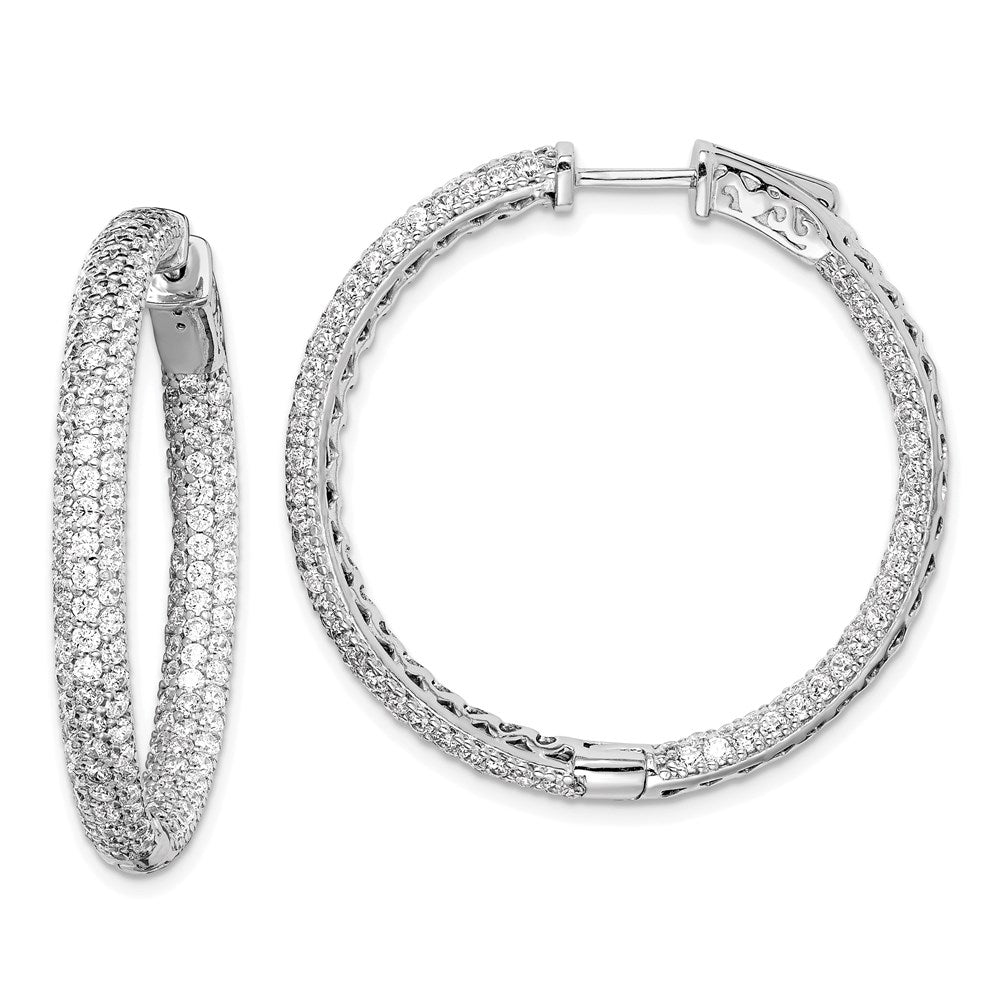 QMP324 Sterling Shimmer Sterling Silver Rhodium-plated 304 Stone Pav������ 1.5mm CZ In and Out Round Hinged Hoop Earrings