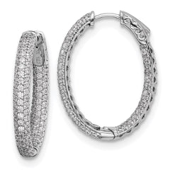QMP326 Sterling Shimmer Sterling Silver Rhodium-plated 208 Stone Pav������ 1.5mm CZ In and Out Oval Hinged Hoop Earrings