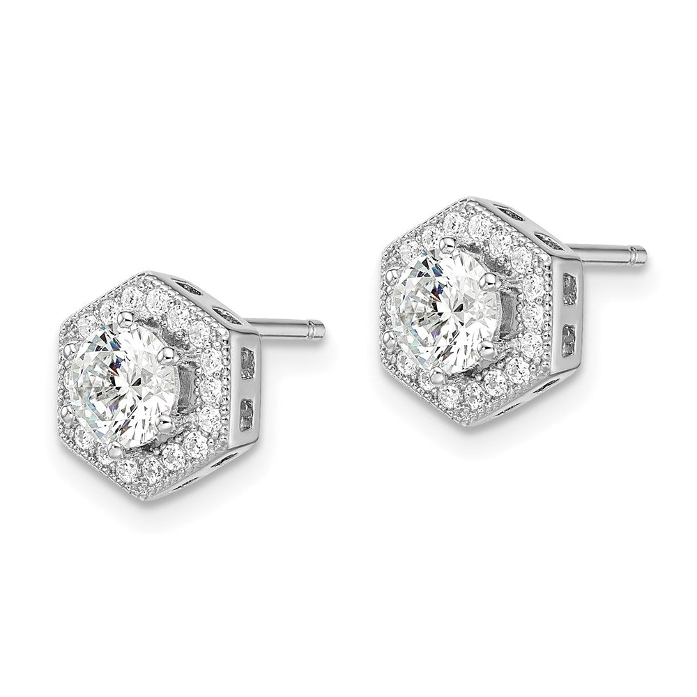 QMP392 Brilliant Embers Sterling Silver Rhodium-plated 38 stone Micro Pav������ CZ Halo Hexagon Post Earrings