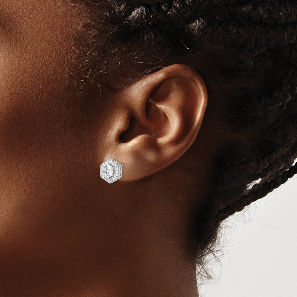 QMP392 Brilliant Embers Sterling Silver Rhodium-plated 38 stone Micro Pav������ CZ Halo Hexagon Post Earrings