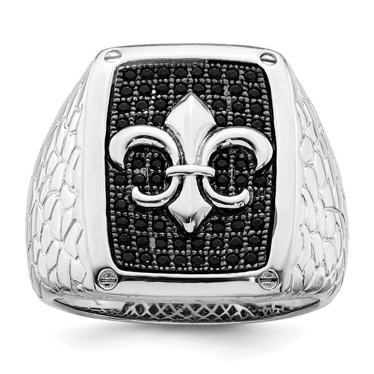 Brilliant Embers Sterling Silver Rhodium-plated 62 Stone Black Micro Pav������������������ CZ Fleur De Lis Men's Ring