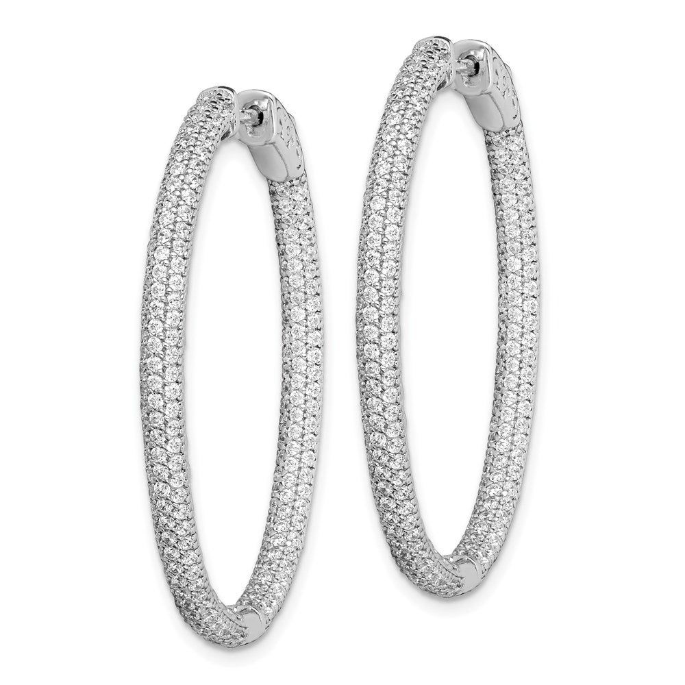 QMP589 Sterling Shimmer Sterling Silver Rhodium-plated 400 Stone Pav������ 1.1mm CZ In and Out Oval Hinged Hoop Earrings
