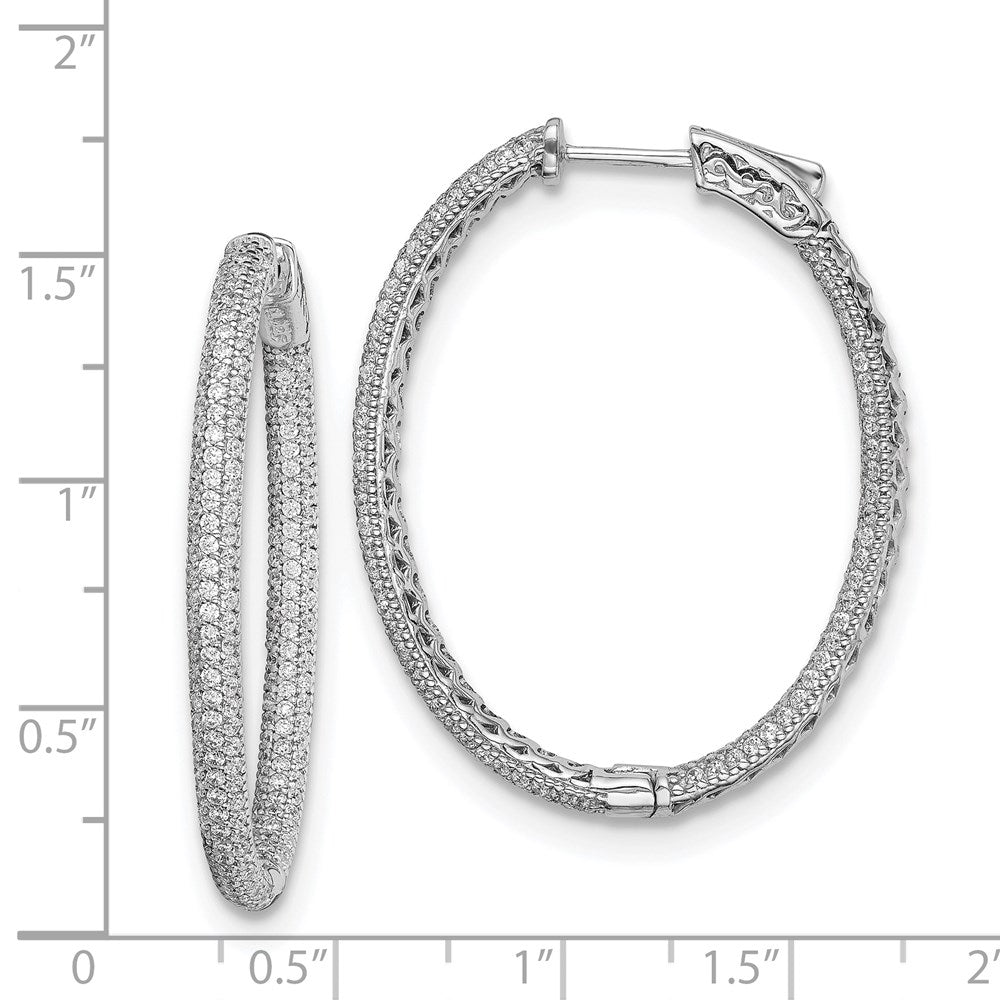 QMP589 Sterling Shimmer Sterling Silver Rhodium-plated 400 Stone Pav������ 1.1mm CZ In and Out Oval Hinged Hoop Earrings