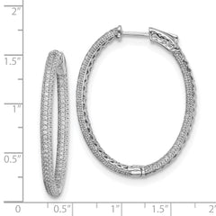 QMP589 Sterling Shimmer Sterling Silver Rhodium-plated 400 Stone Pav������ 1.1mm CZ In and Out Oval Hinged Hoop Earrings
