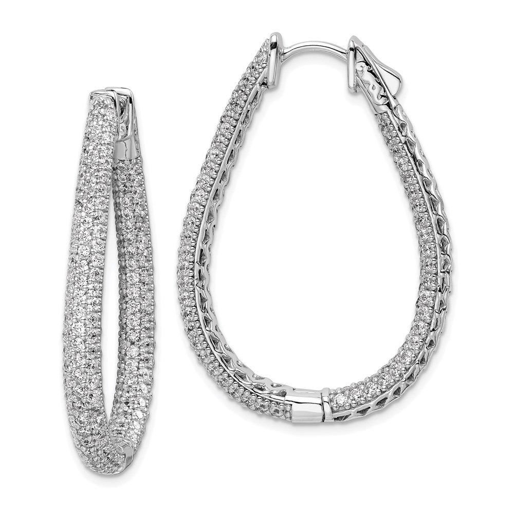 QMP591 Sterling Shimmer Sterling Silver Rhodium-plated 308 Stone Pav������ 1.2mm-1.5mm CZ In and Out Teardrop Hinged Hoop Earrings