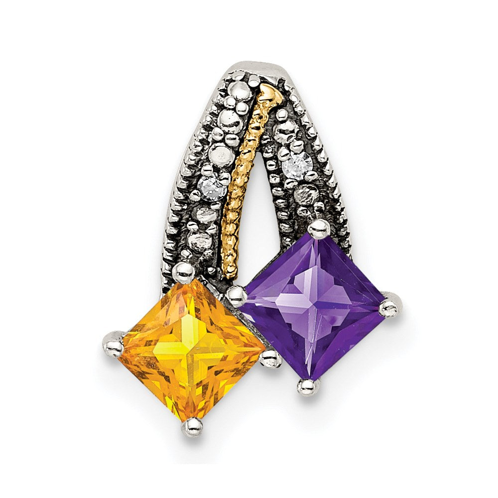 Sterling Silver Antiqued w/14k 2-stone w/Diamond Mother's Pendant QMPD12_2--6