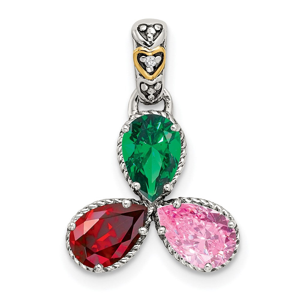 Sterling Silver Antiqued w/14k 3-stone w/Diamond Mother's Pendant QMPD20_3--6