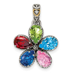 Sterling Silver Antiqued w/14k 5-stone w/Diamond Mother's Pendant QMPD20_5--6