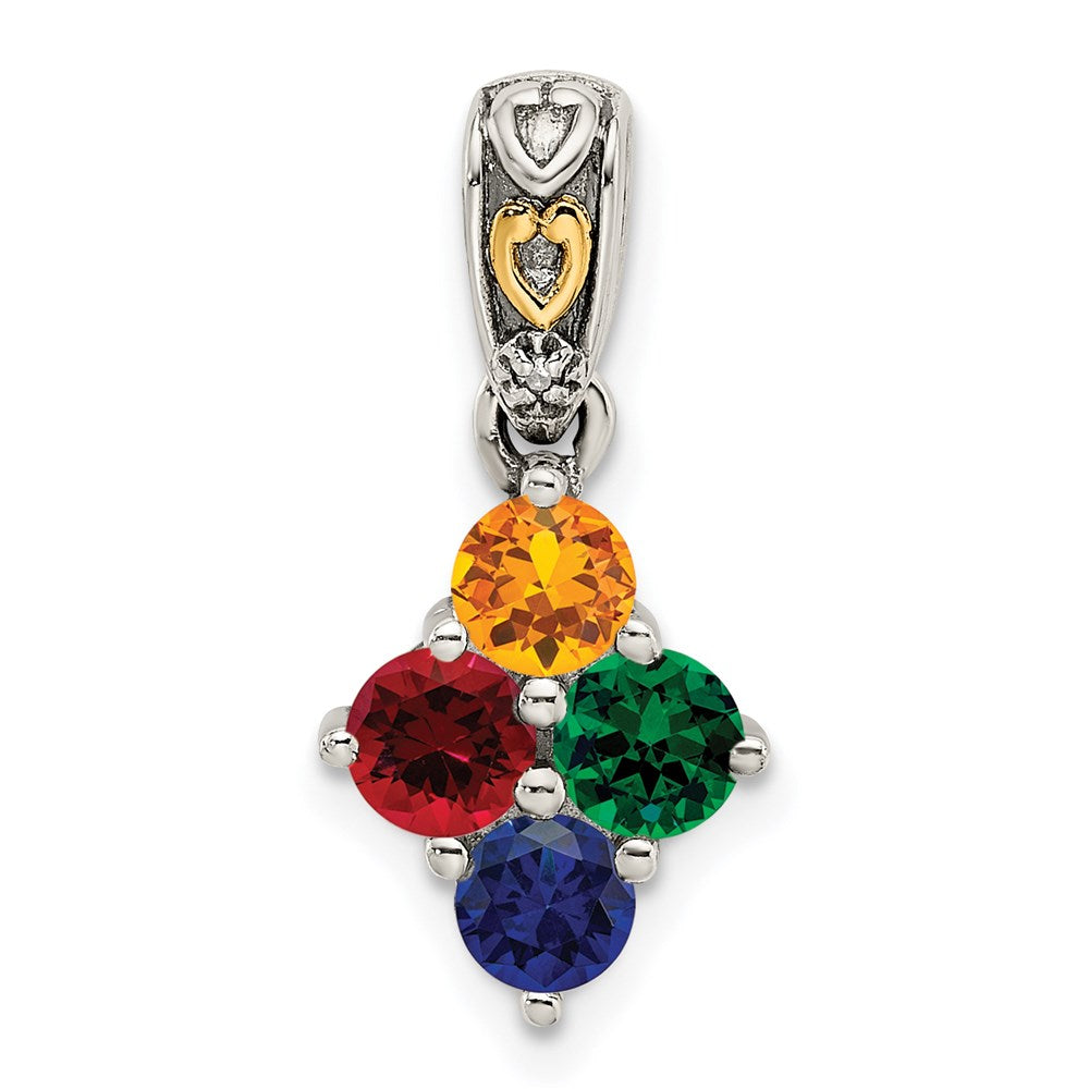 Sterling Silver Antiqued w/14k 4-stone w/Diamond Mother's Pendant QMPD23_4--6