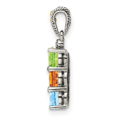 Sterling Silver Antiqued w/14k 3-stone w/Diamond Mother's Pendant QMPD24_3--6