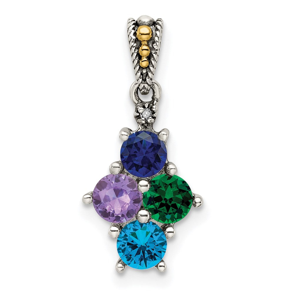 Sterling Silver Antiqued w/14k 4-stone w/Diamond Mothers Pendant Semi-Mount QMPD24_4--6