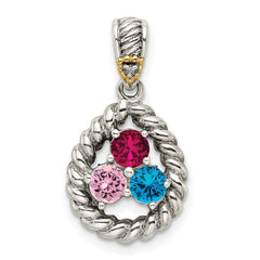 Sterling Silver Antiqued w/14k 3-stone w/Diamond Mothers Pendant Semi-Mount QMPD25_3--6