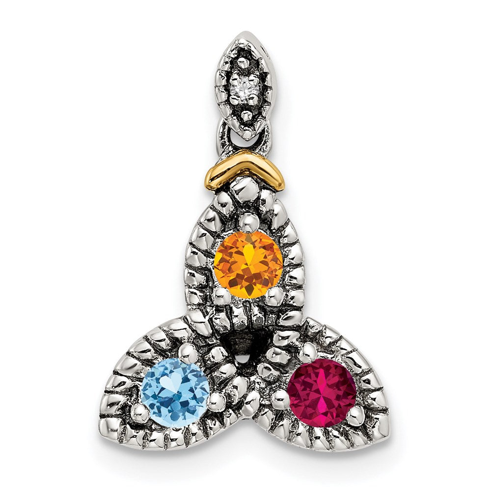 Sterling Silver Antiqued w/14k 3-stone w/Diamond Mother's Pendant QMPD28_3--6
