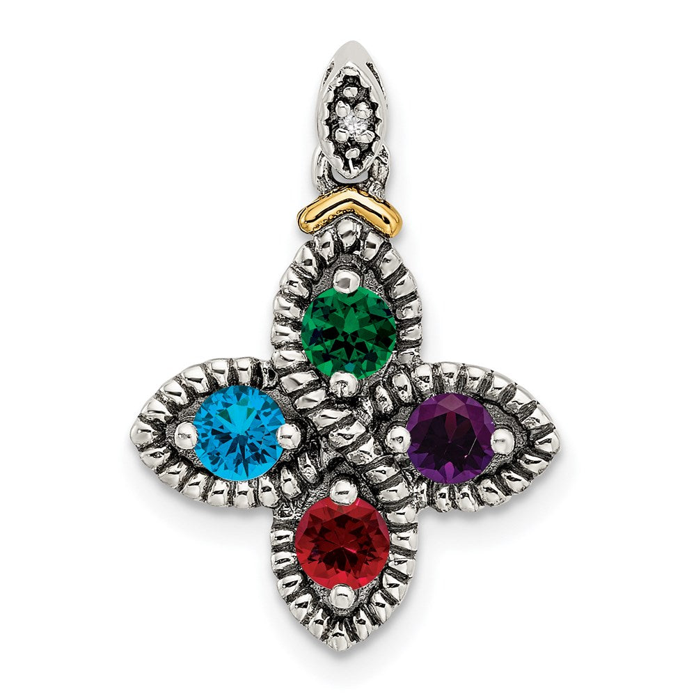 Sterling Silver Antiqued w/14k 4-stone w/Diamond Mother's Pendant QMPD28_4--6