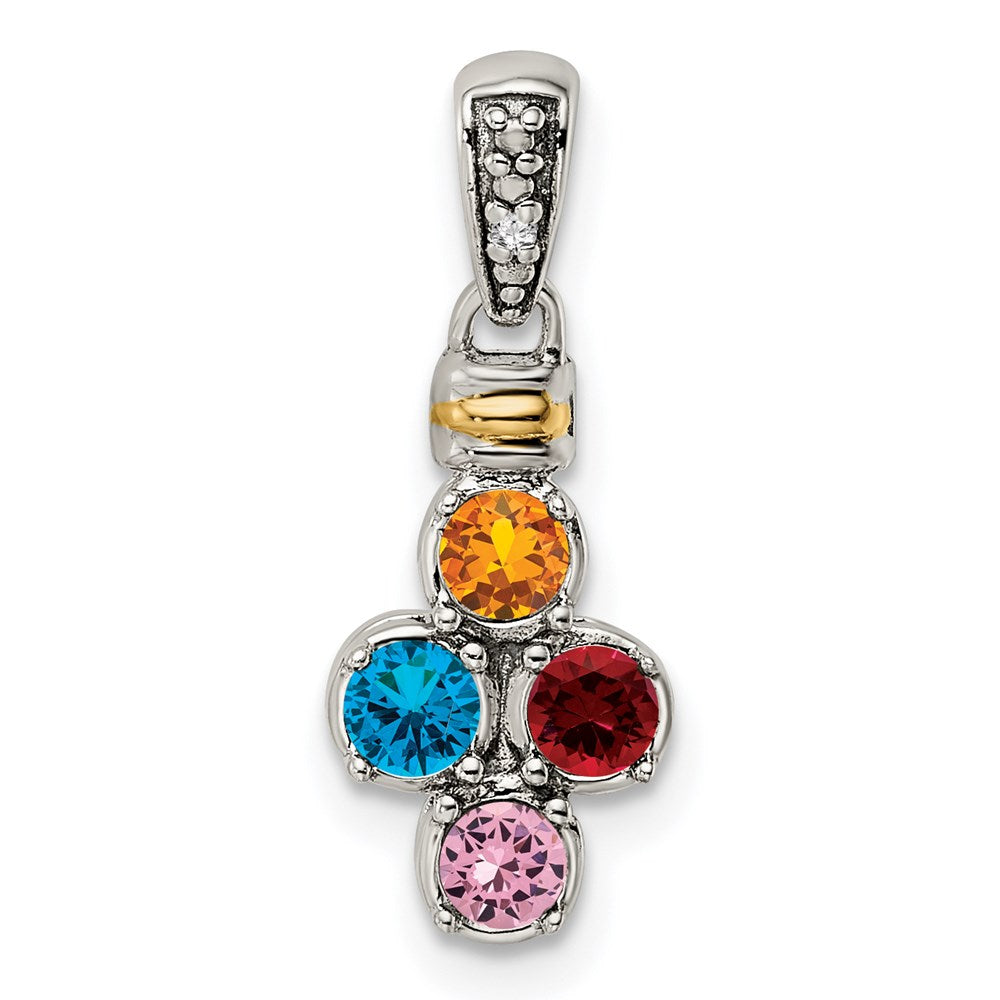Sterling Silver Antiqued w/14k 4-stone w/Diamond Mother's Pendant QMPD37_4--6