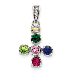 Sterling Silver Antiqued w/14k 5-stone w/Diamond Mother's Pendant QMPD37_5--6