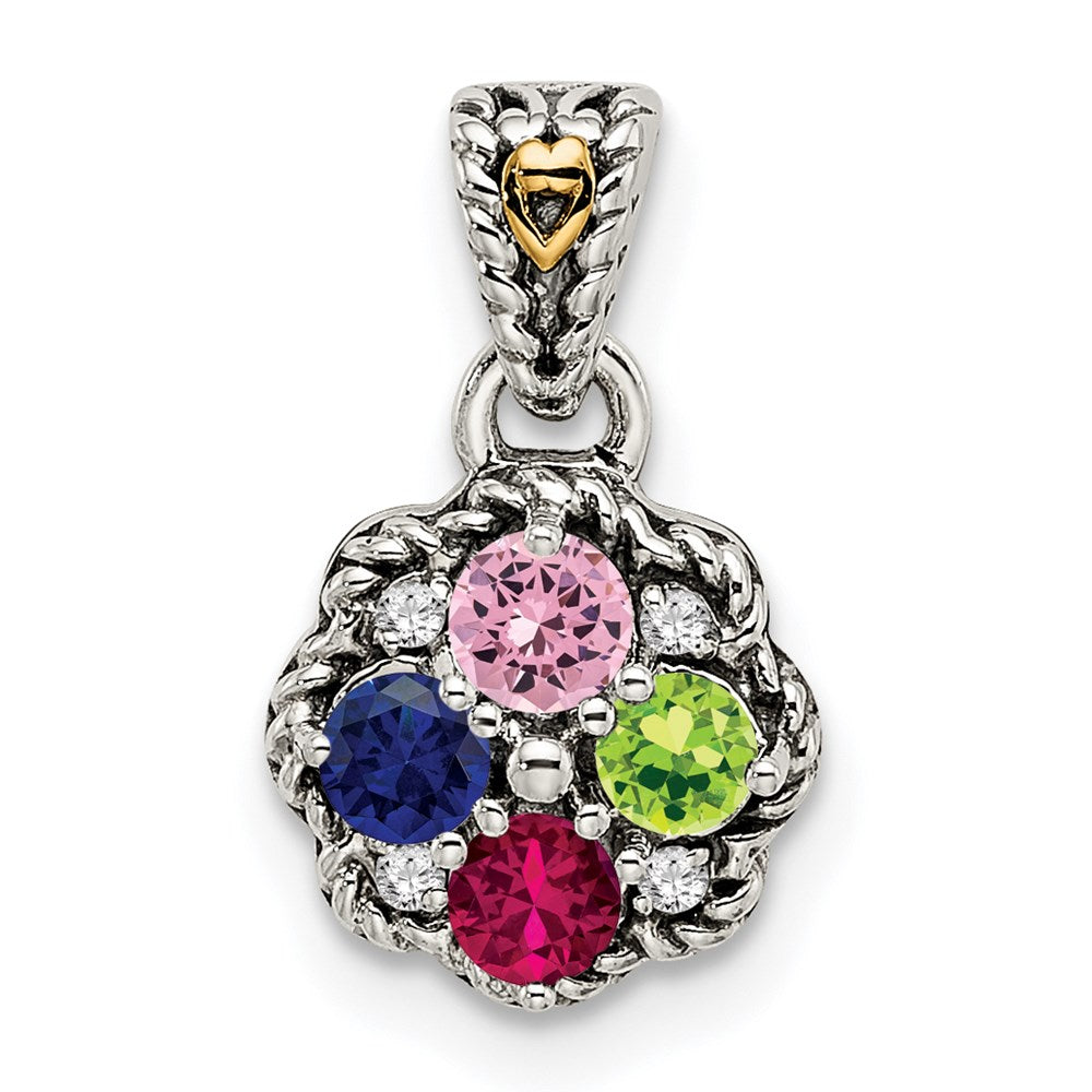 Sterling Silver Antiqued w/14k 4-stone w/Diamond Mother's Pendant QMPD38_4--6