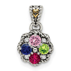 Sterling Silver Antiqued w/14k 4-stone w/Diamond Mother's Pendant QMPD38_4--6