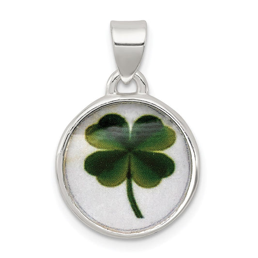 Sterling Silver 4 Leaf Clover Clear Enamel Pendant QP1225