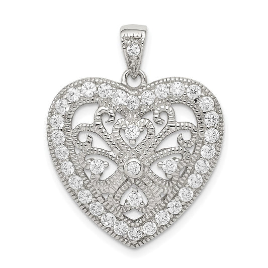 Sterling Silver Rhodium-plated CZ Filigree Heart Pendant QP1367